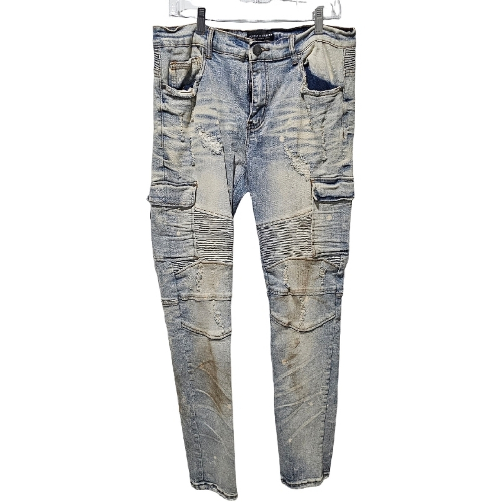 SUPPLY AND DEMAND DISTRESSED MOTO PATCHED UP JEANS